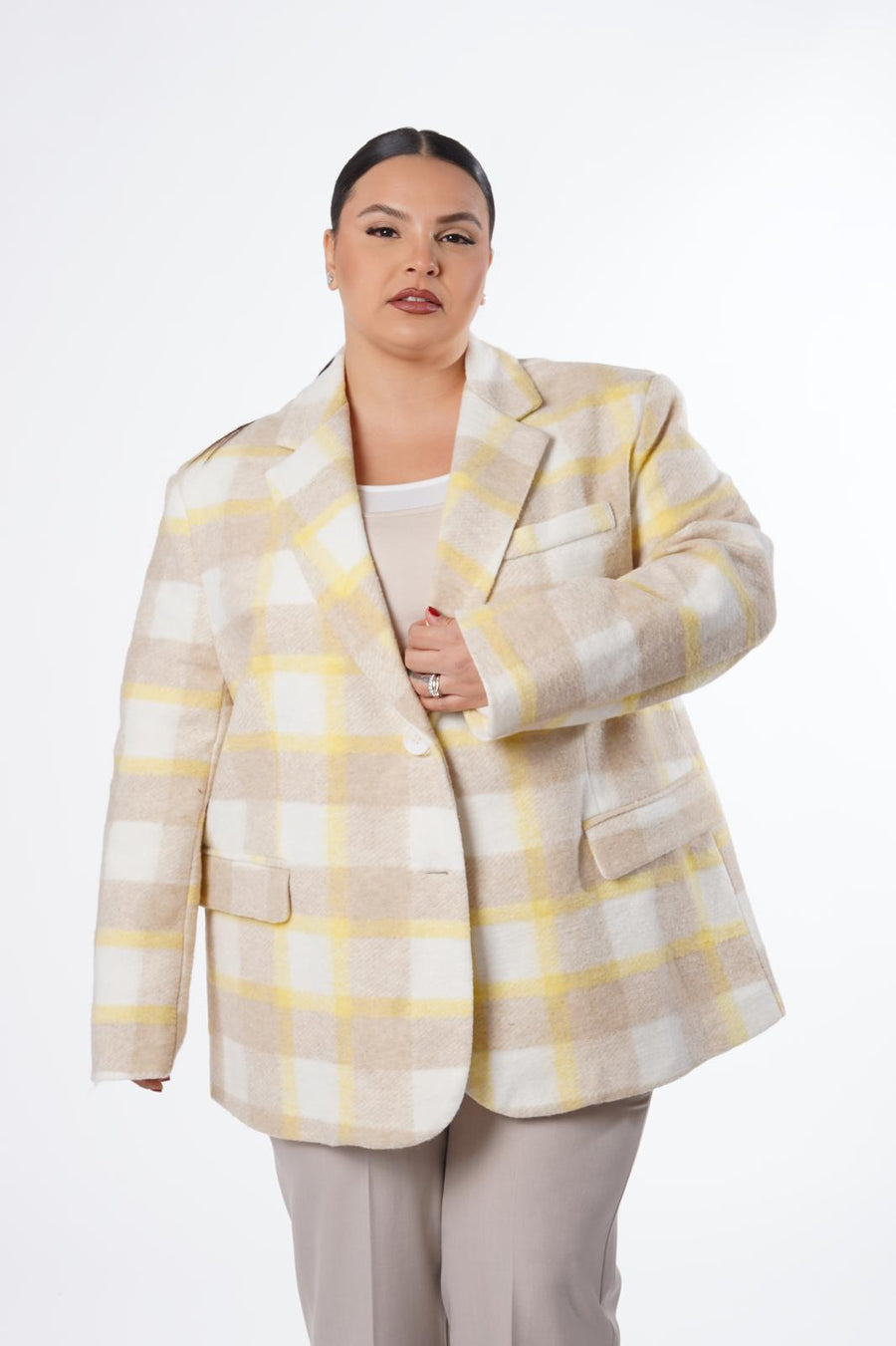 Veste manteau à carreaux beige