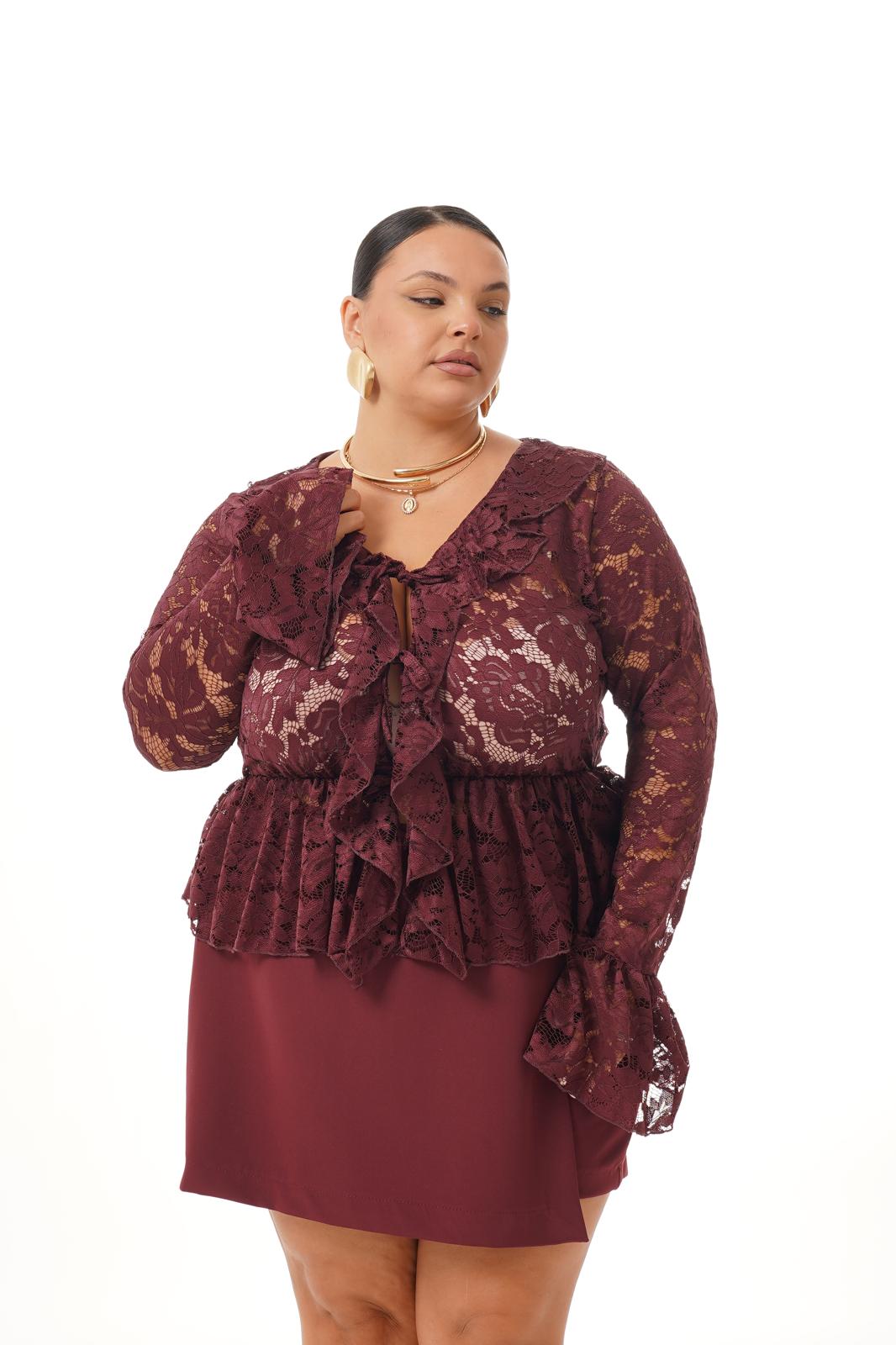 Blusa Rouches E Pizzo Bordeaux