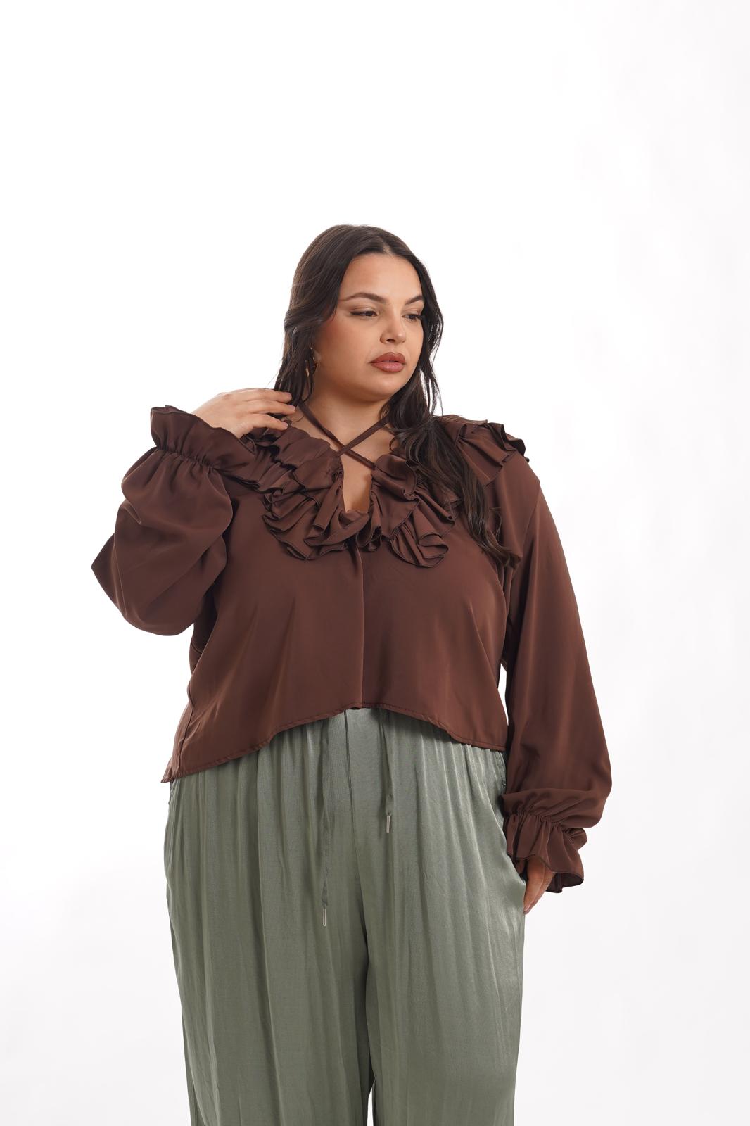 Camicia Flor con rouches marrone