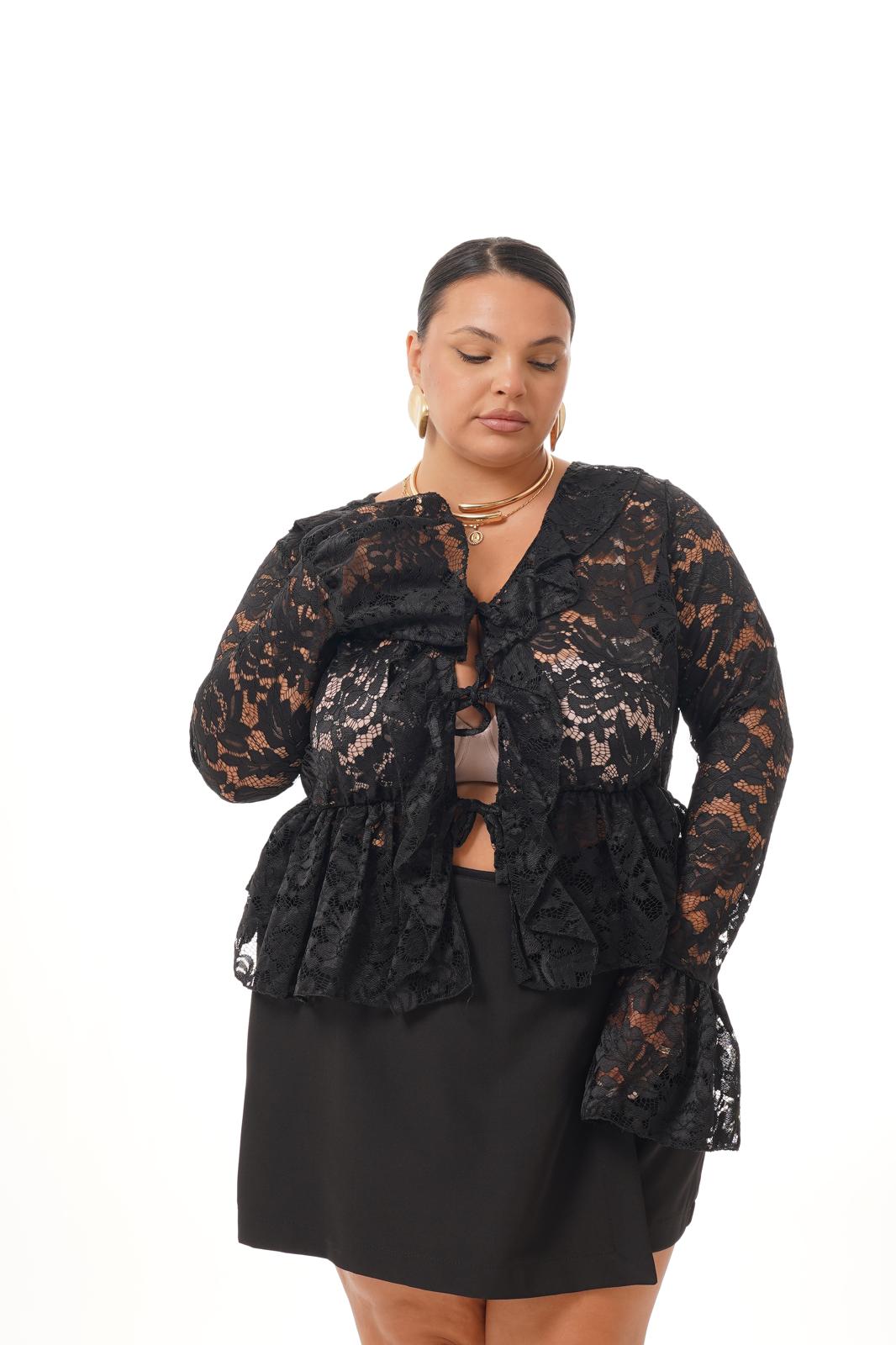 Blusa Rouches E Pizzo Nero