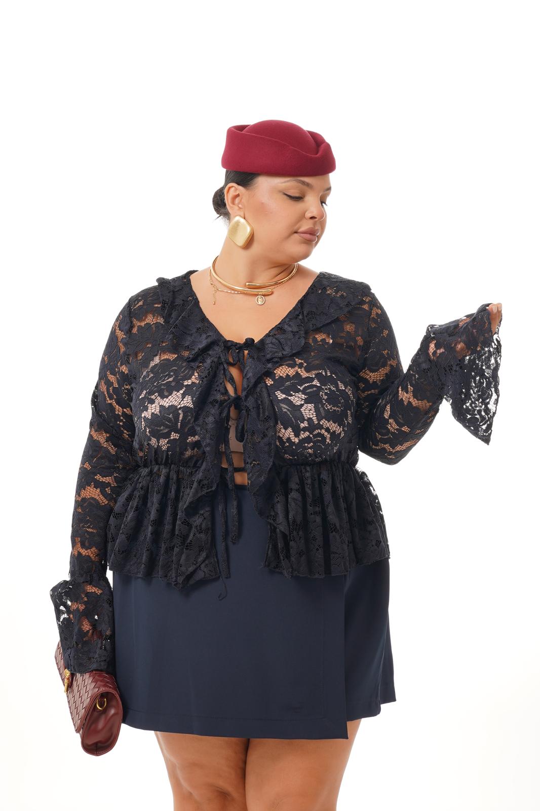 Blusa Rouches E Pizzo Blu