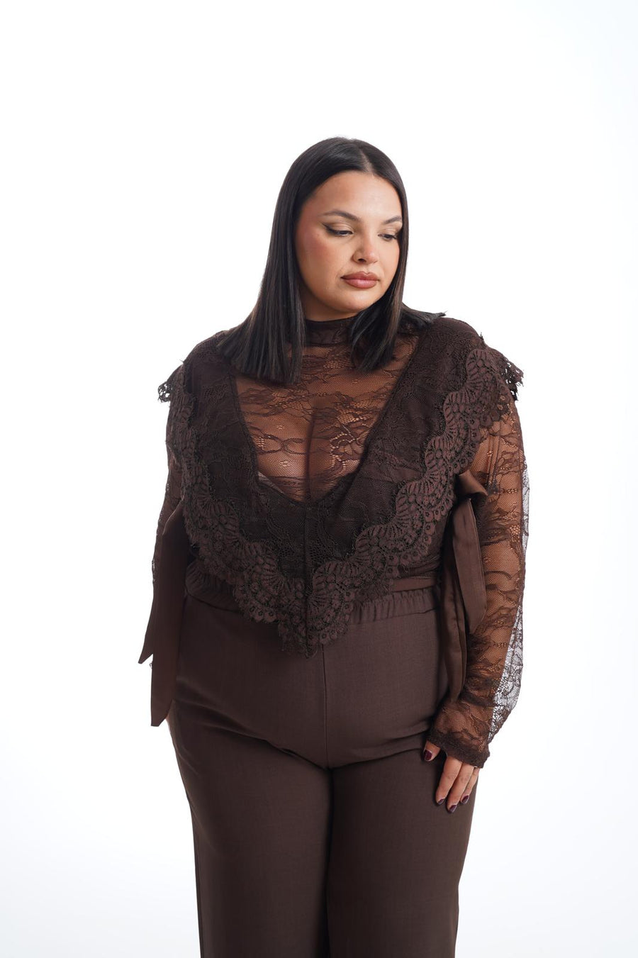 Blusa Crop In Pizzo Marrone